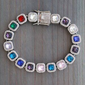 12.5mm Multicolor Square Halo Diamond Chain Rhinestones Bracelet Silver Plated